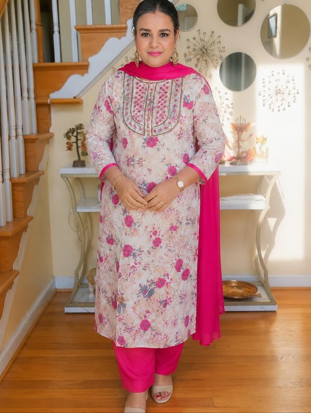 Floral Pink Cotton Kurta Set with Contrast Dupatta